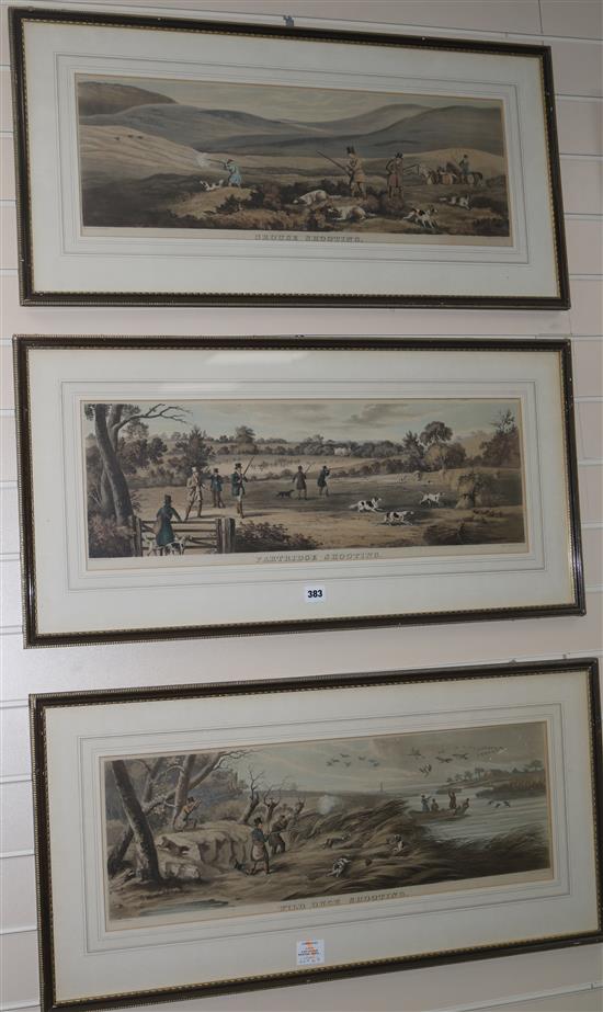 A set of four shooting prints - Wild Duck, Pheasant, Partridge and Grouse, 22 x 67cm